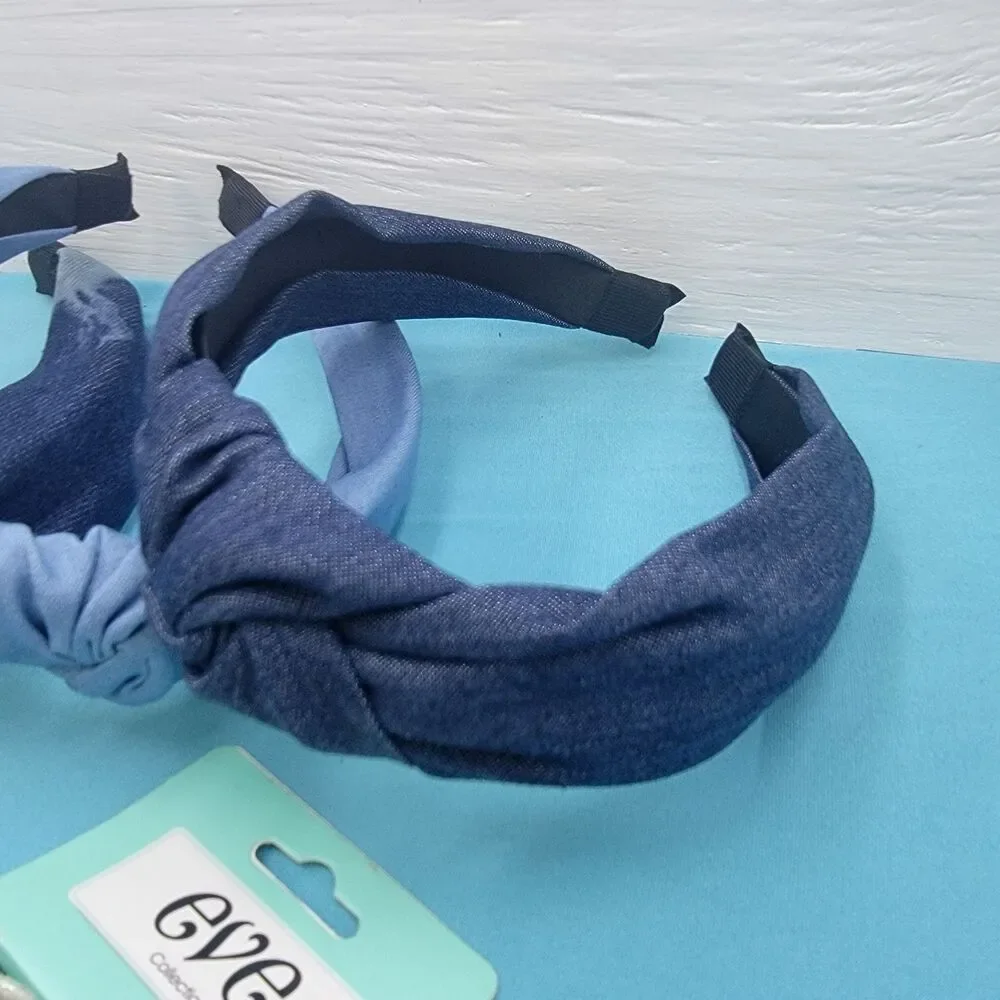 Lot Of 3 Blue Denim Turban Knot Head Band Fabric New W/ Tags Bonus Elastics